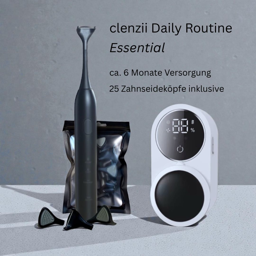 Clenzii Daily Routine Essential Set Schwarz mit CleanStation und 25 Ersatzköpfen