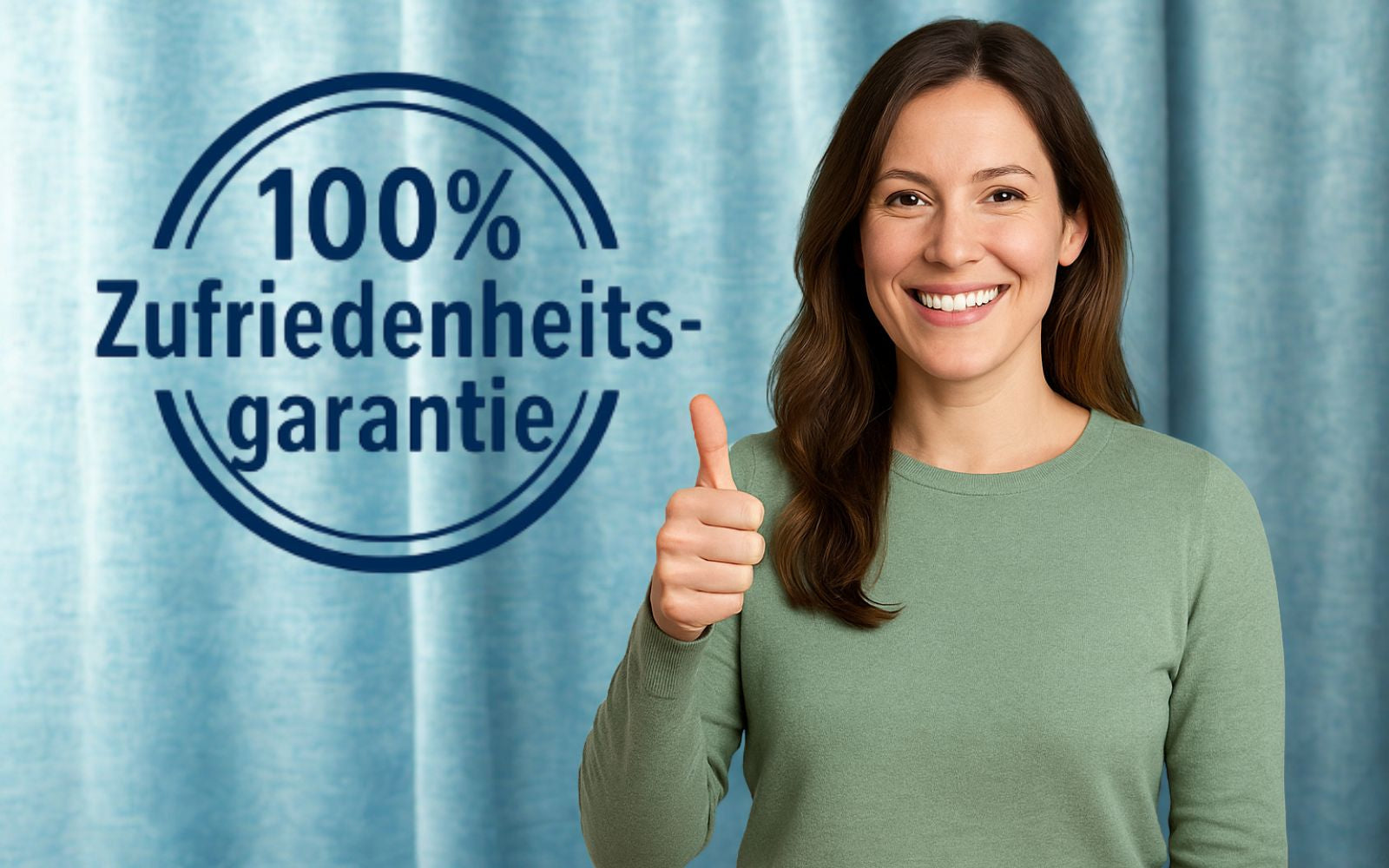Zufriedene Kundin mit Hinweis auf 100 Prozent Zufriedenheitsgarantie