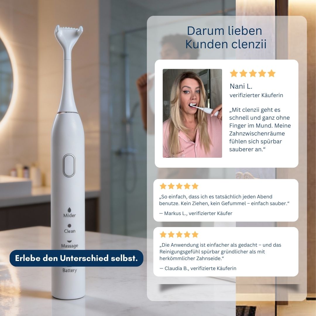 Clenzii elektrische Zahnseide im Badezimmer mit Kundenbewertungen und Erfahrungsbericht