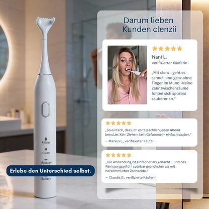 Clenzii elektrische Zahnseide im Badezimmer mit Kundenbewertungen und Erfahrungsbericht