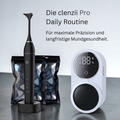 Clenzii Pro Daily Routine Set Schwarz mit CleanStation und Ersatzköpfen