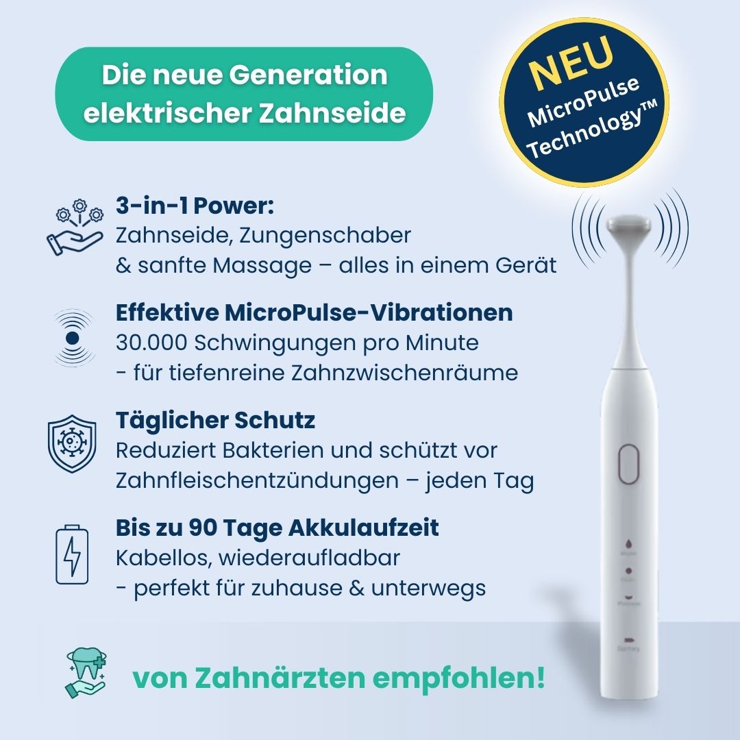 Elektrische Zahnseide mit 3-in-1 Funktion für Zahnzwischenräume, Zunge und Zahnfleisch