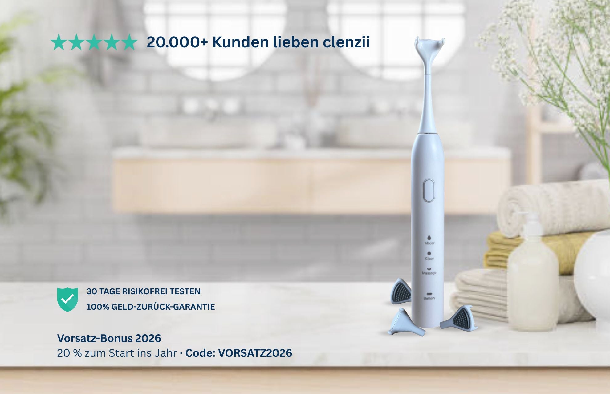 Elektrische Zahnseide clenzii auf einem Badezimmer-Waschtisch – mühelose Zahnpflege für den Alltag.