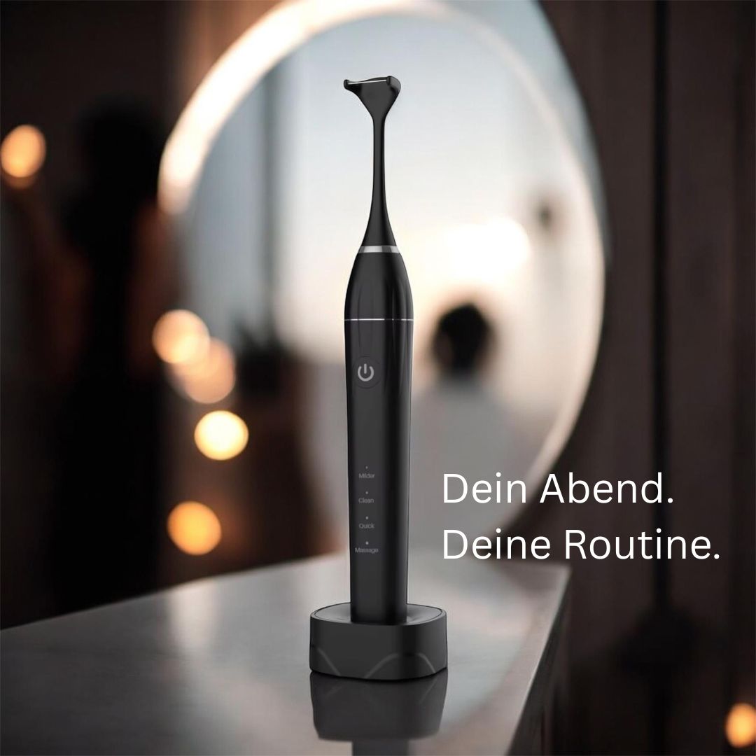 Clenzii Pro elektrische Zahnseide in Schwarz auf Ladestation im Badezimmer am Abend