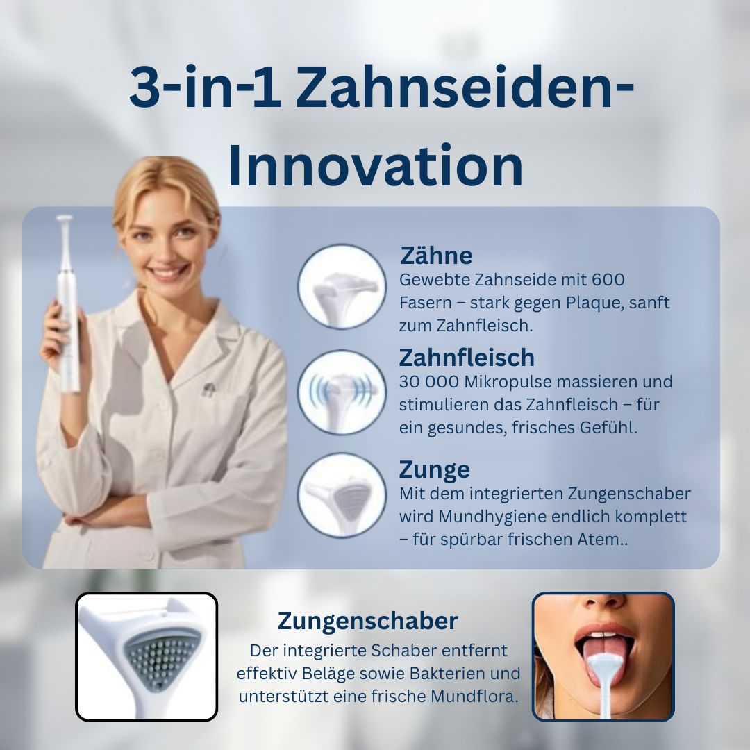 Elektrische Zahnseide mit integriertem Zungenschaber zur Reduktion von Mundgeruch