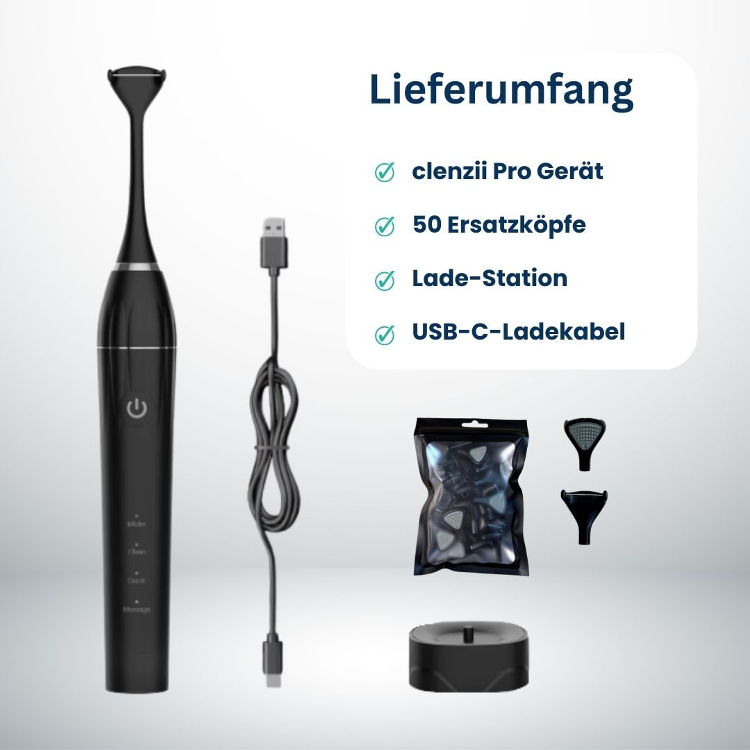Lieferumfang der clenzii Pro elektrischen Zahnseide mit Ersatzköpfen und USB-C Kabel