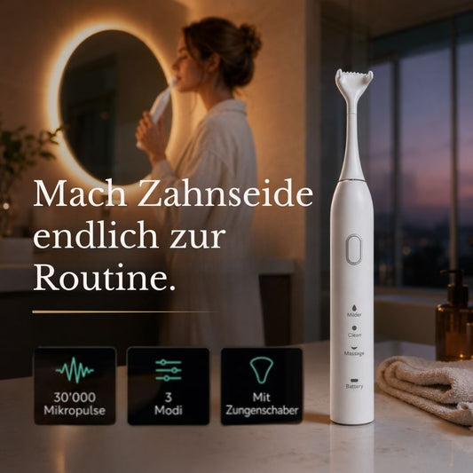 Abendroutine-clenzii elektrische Zahnseide-3 Modi-mit Zungenschaber-Frau vor Spiegel mit clenzii in der Hand