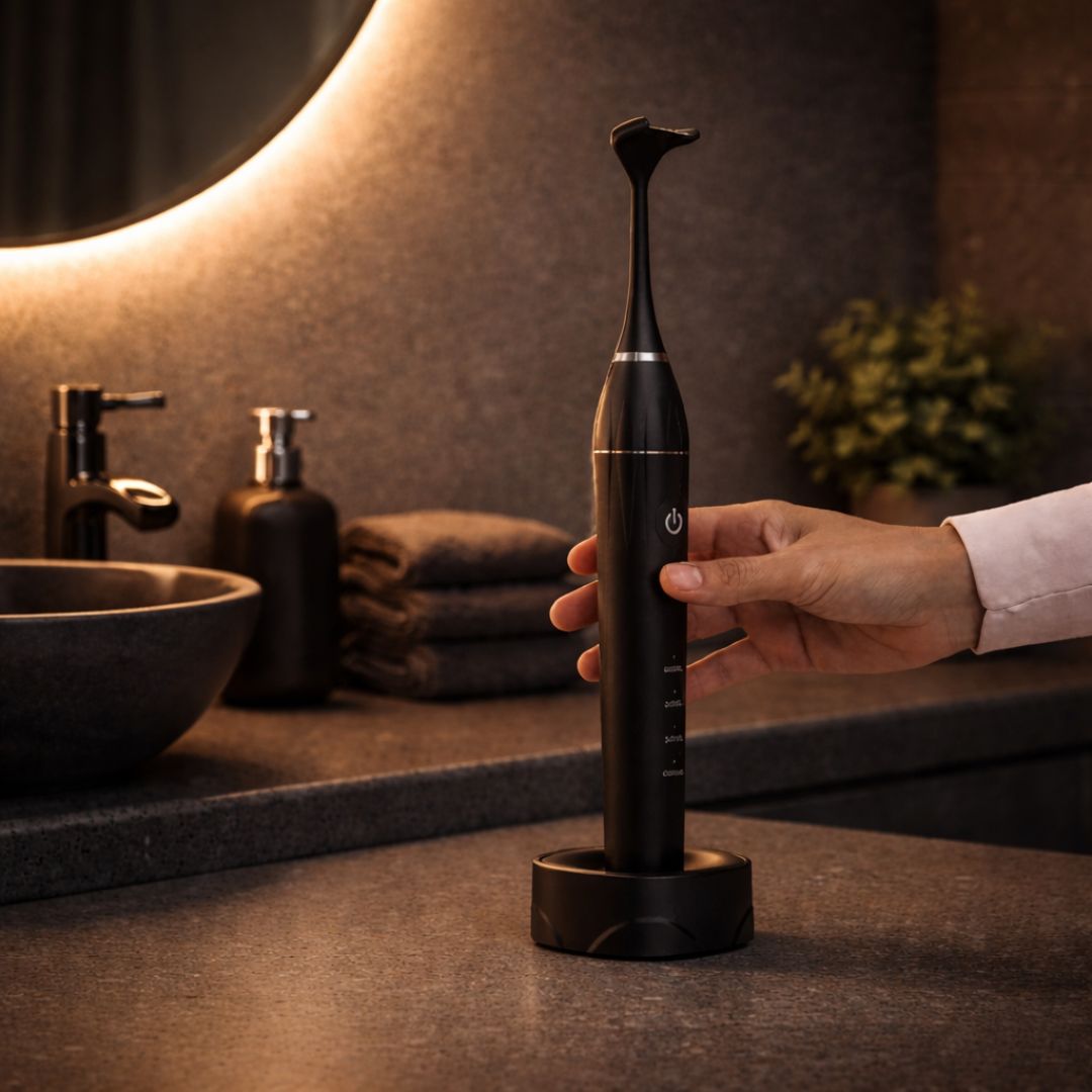 Schwarze clenzii elektrische Zahnseide auf Ladestation im stilvollen Badezimmer