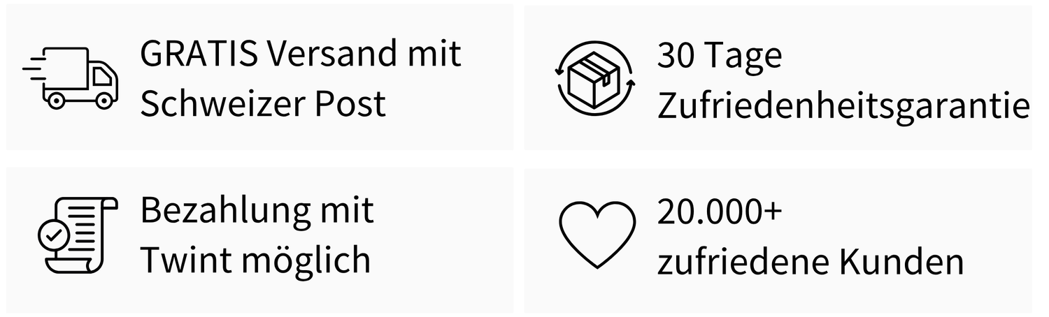 Kostenlosen Versand, Zufriedenheitsgarantie, Bezahlung mit Twint, 20.000 zufriedene Kunden