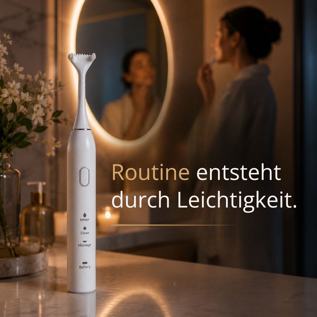 Frau vor Spiegel mit clenzii elektrische Zahnseide in der Hand-am Abend Routine