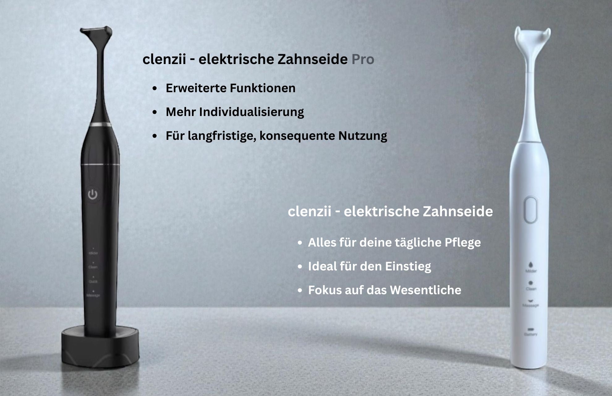 Vergleich clenzii elektrische Zahnseide und clenzii Pro mit erweiterten Funktionen