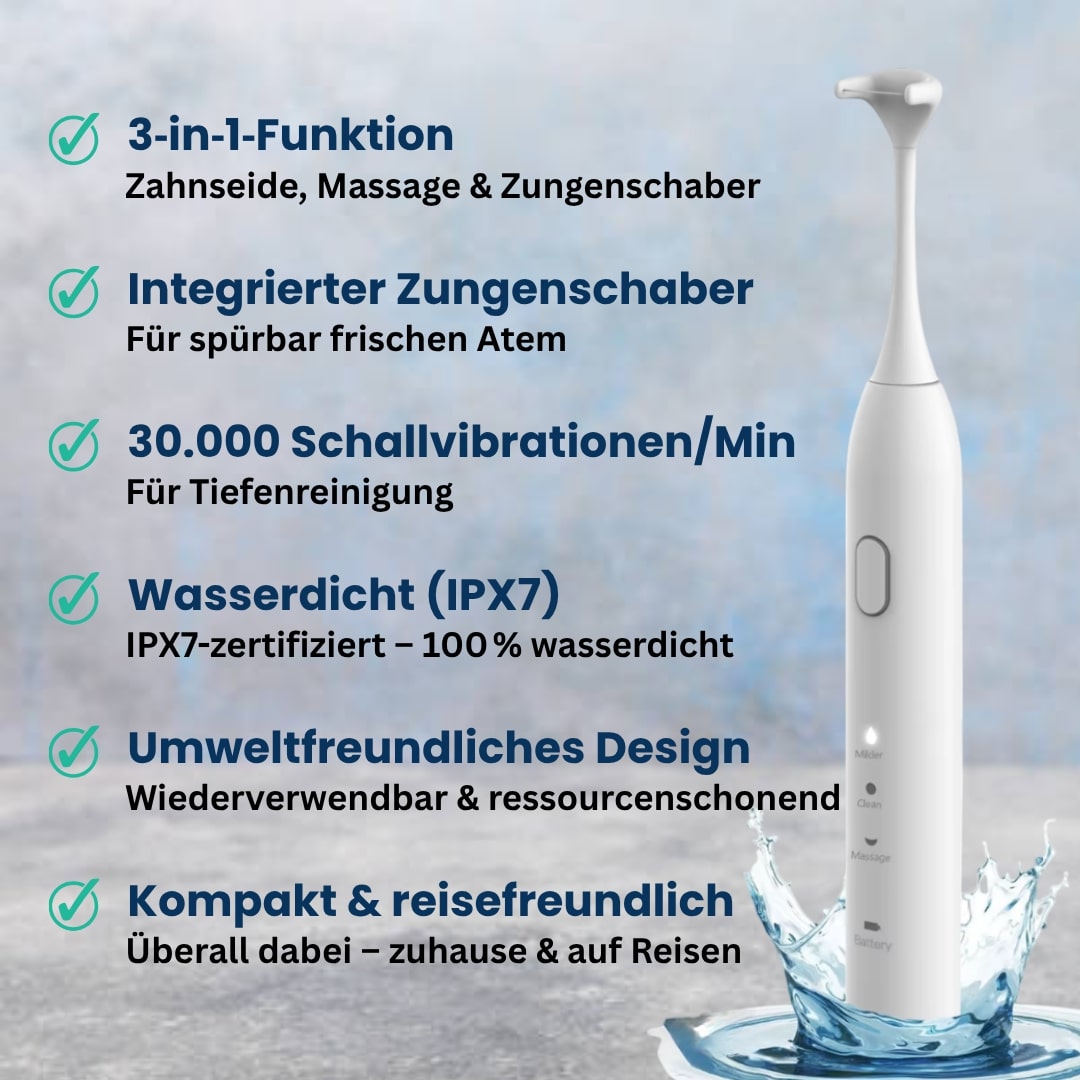 clenzii elektrische Zahnseide – technische Highlights wie 3-in-1-Funktion, Vibrationsmassage und langlebiger Akku