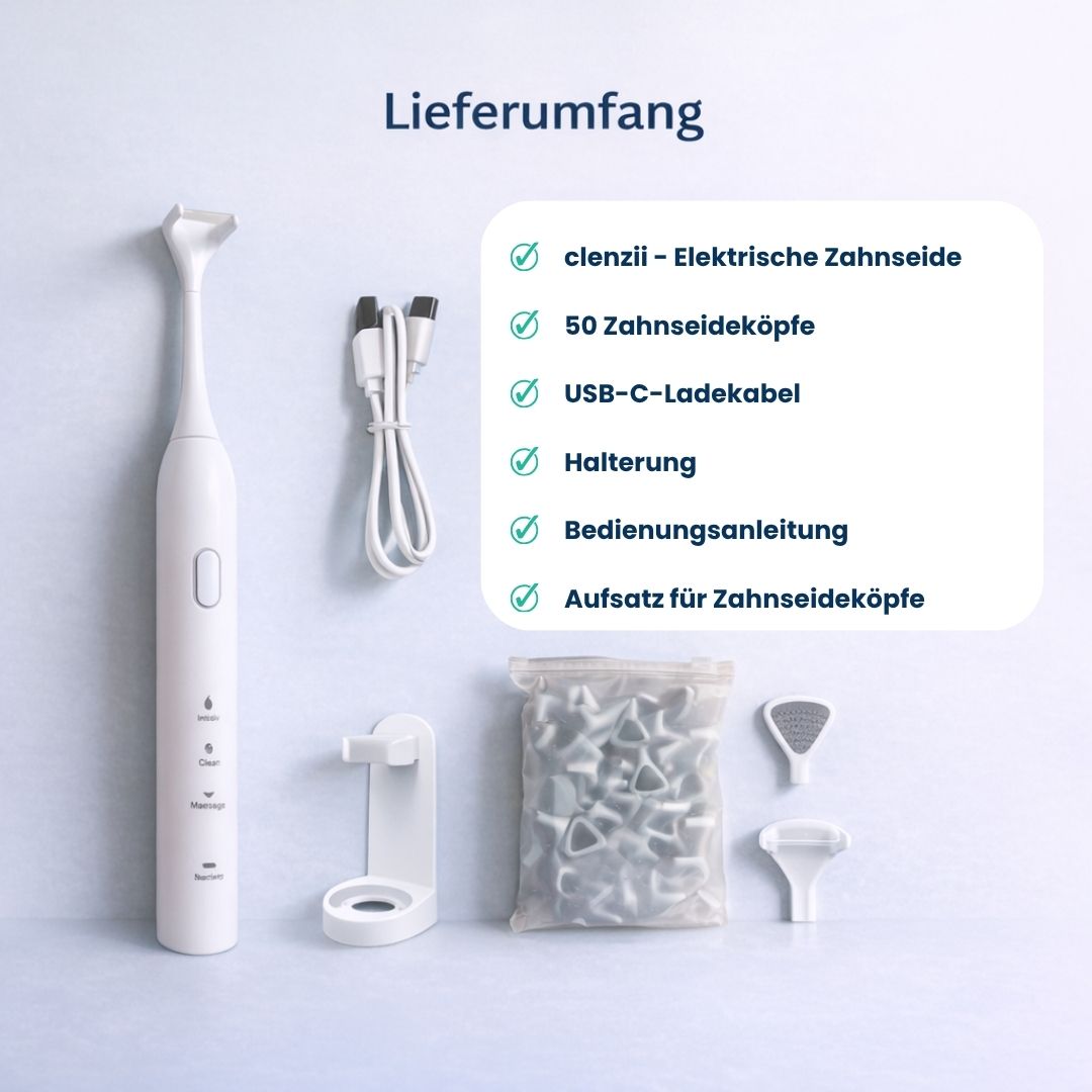 Lieferumfang der clenzii elektrischen Zahnseide mit Ladestation und Zahnseideköpfen