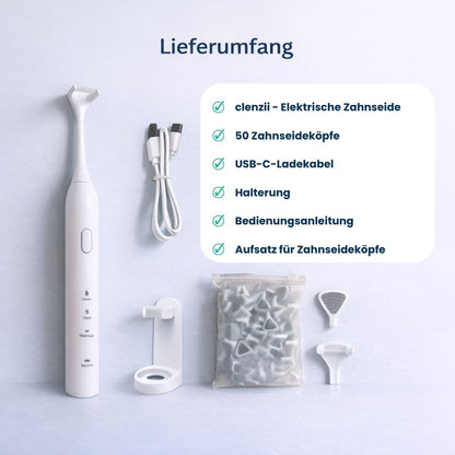 Lieferumfang der clenzii elektrischen Zahnseide mit Ladestation und Zahnseideköpfen