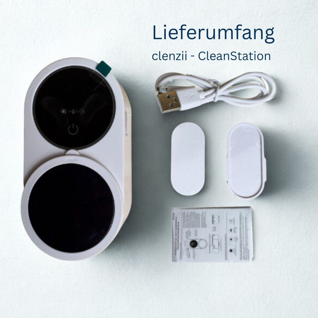 CleanStation Lieferumfang für clenzii elektrische Zahnseide mit Zubehör