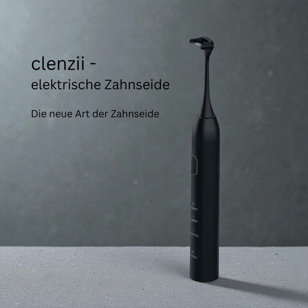 Clenzii elektrische Zahnseide in Schwarz auf neutralem Hintergrund