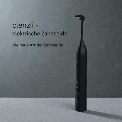 Clenzii elektrische Zahnseide in Schwarz auf neutralem Hintergrund