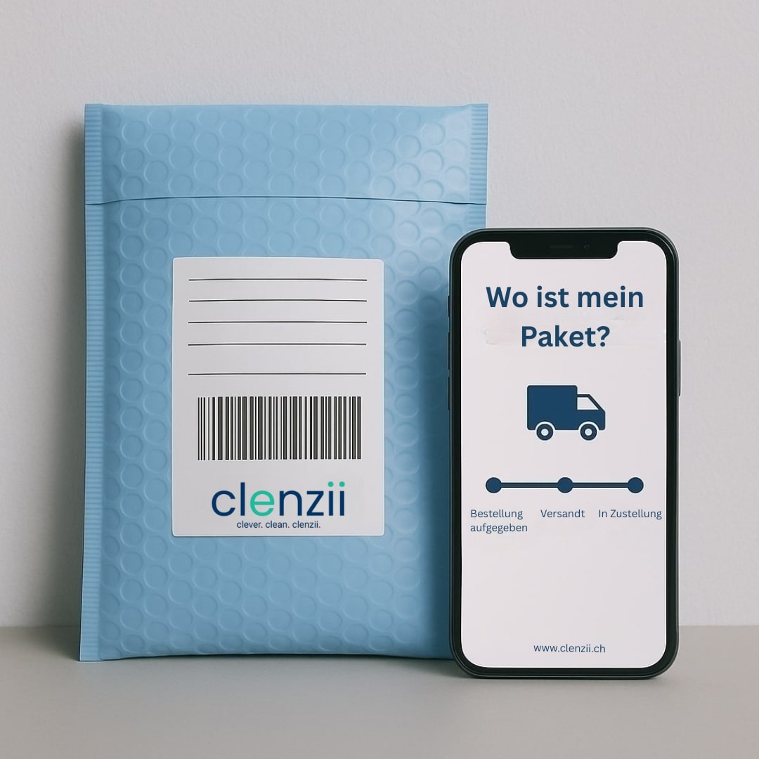 Sendungsverfolgung für Clenzii-Bestellung – Übersicht des Versandstatus auf dem Smartphone neben Versandverpackung, wo ist mein Packet