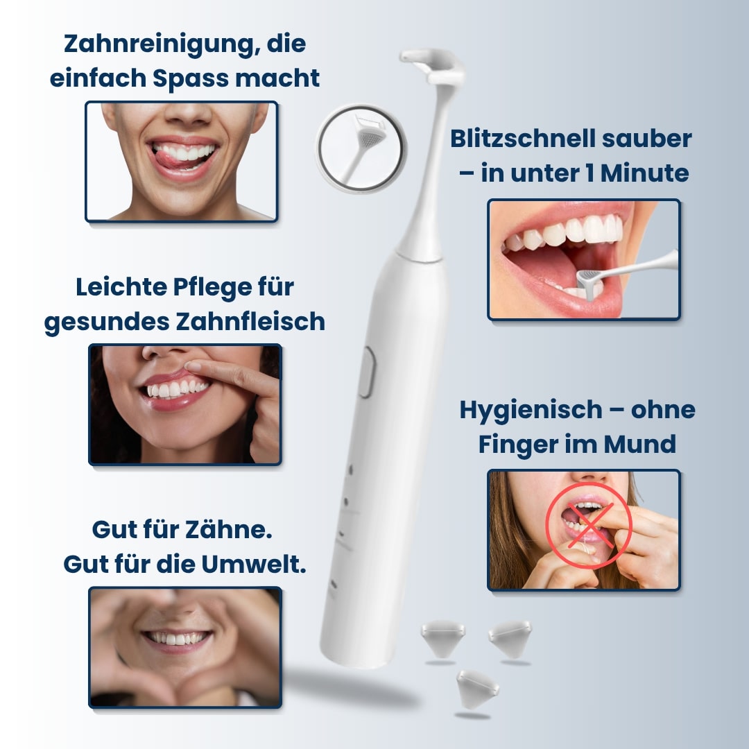 Clenzii Anwendung macht Spaß – hygienisch ohne Finger im Mund, blitzschnell sauber in unter 1 Minute