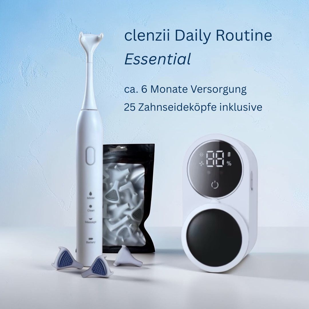 Clenzii Daily Routine Essential Set Weiss mit CleanStation und 25 Ersatzköpfen
