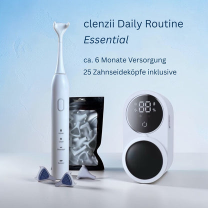 Clenzii Daily Routine Essential Set Weiss mit CleanStation und 25 Ersatzköpfen